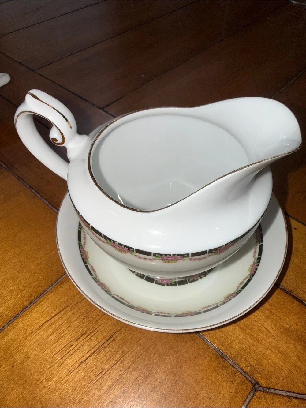 Antique Mepoco Ware Gravy Boat White Pink Floral Green Geometric Art Deco Set